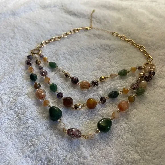 Studio 1886 Bohemian Multi-Strand Gemstone Statement Necklace Gold With Earrings - Picture 4 of 6